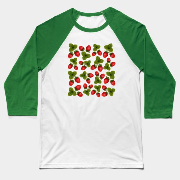 Watercolor Strawberry Pattern Baseball T-Shirt by Kraina